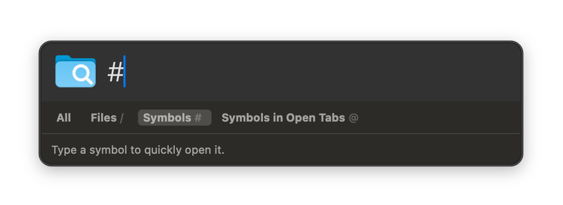 The same window again, with no results, and a single “#” character in the text field. The “Symbols” button is toggled on.
