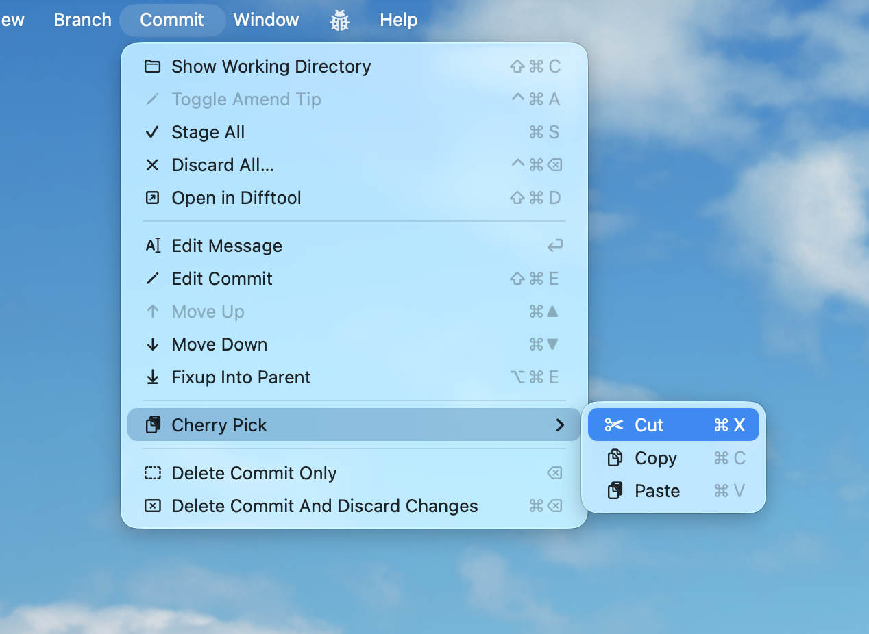 A screenshot similar to the previous one. The Paste command no longer has a suffix. The three Cut, Copy and Paste commands are however now nested in a submenu named “Cherry Pick”.