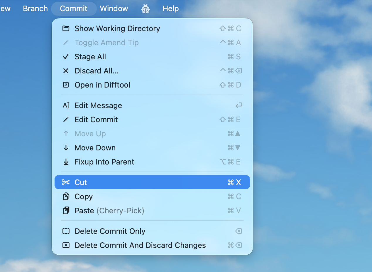 A screenshot similar to the previous one, except this time, the Paste command has a suffix. It says “Cherry Pick”, in parentheses, and is moderately grayed out.